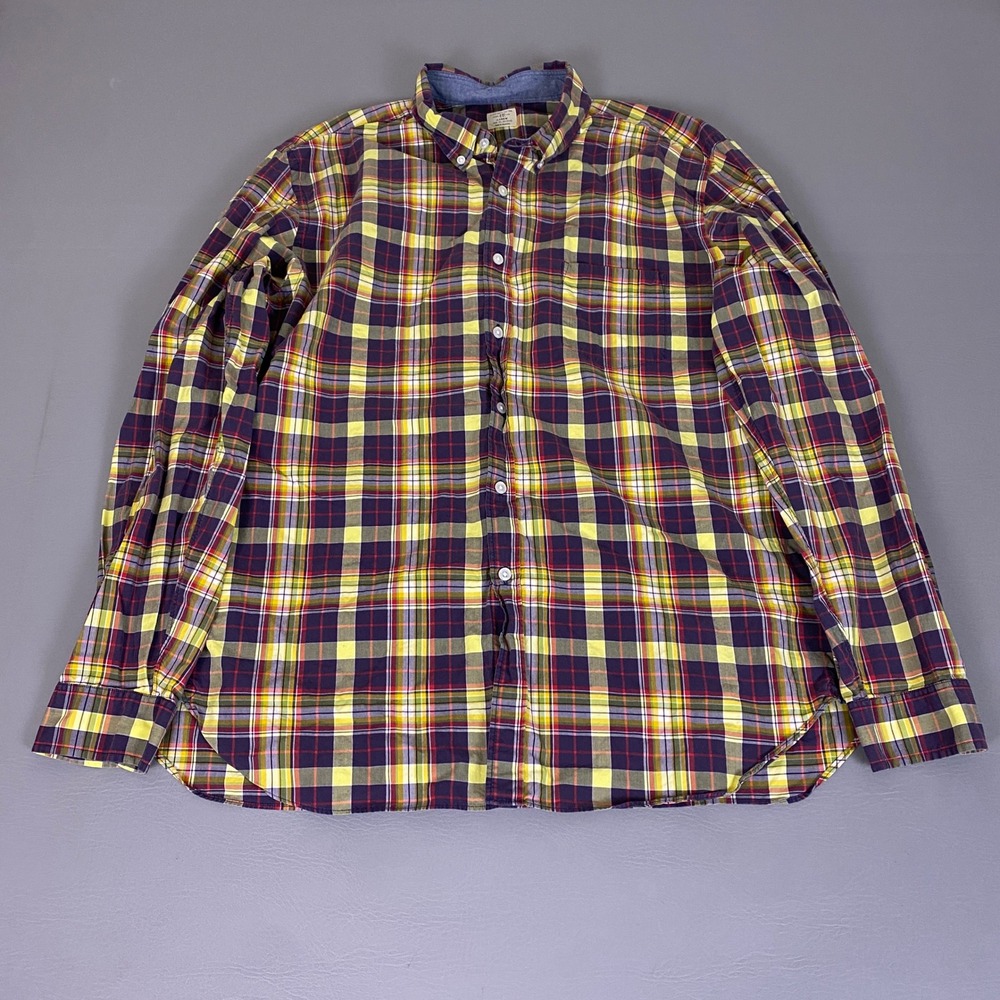 J.Crew 2 Ply Button Down Shirt Men's Size XL Plaid‎ Purple Yellow 100% Cotton